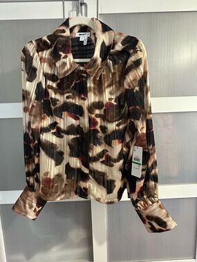 DKNY Cream, Brown & Black Abstract Animal Print Button-Down Shirt MSRP $89